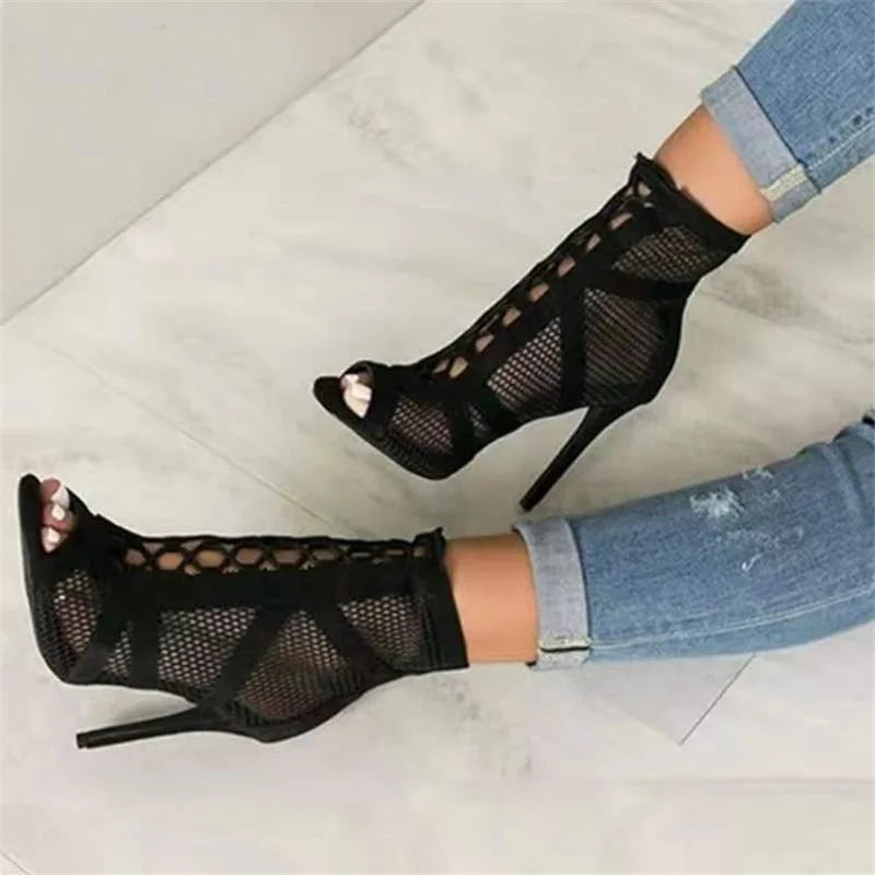 Women's Sexy High Heel Sandals – Black Mesh Lace-Up Peep Toe Pumps, Fashion Cross Strap Shoes