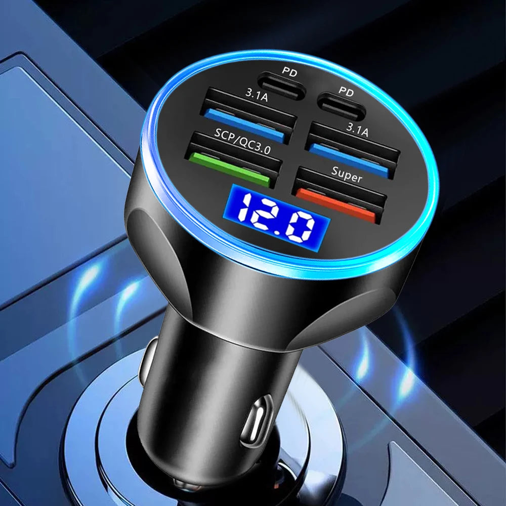 66–250W PD Car Charger  QC3.0 Fast Charge with 6-Port Cigarette Adapter
