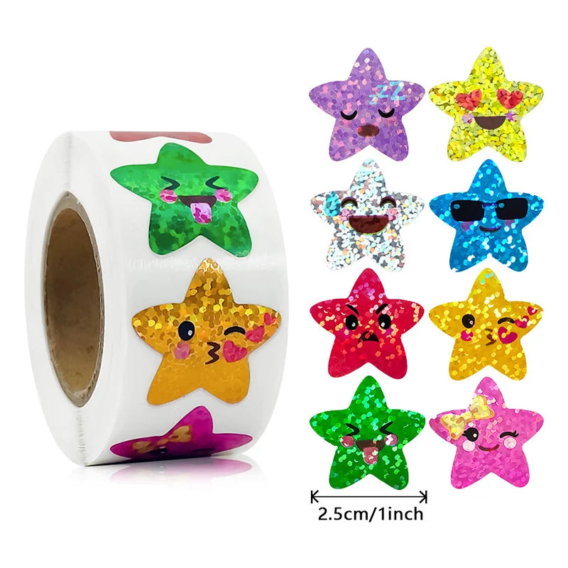 500/1000PCS Holographic Star Stickers Kids Reward DIY Scrapbook Labels Roll