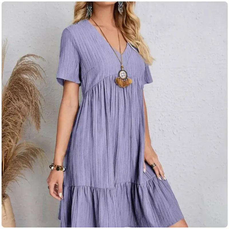 Trendy Spring Dress V-Neck, Short Sleeves & Flattering Fit