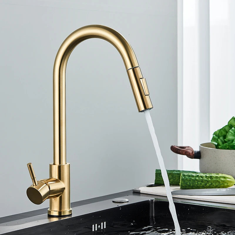 Brushed Gold Kitchen Pull-Out Sink Mixer Tap 360° Rotating Sprayer