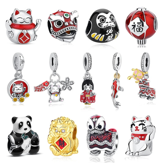 Silver Japanese Doll Fortune Cat Charm Bead for Bracelets