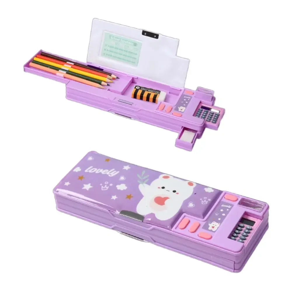 Double-Layer Pencil Case with Calculator & Sharpener Astronaut Animal Box