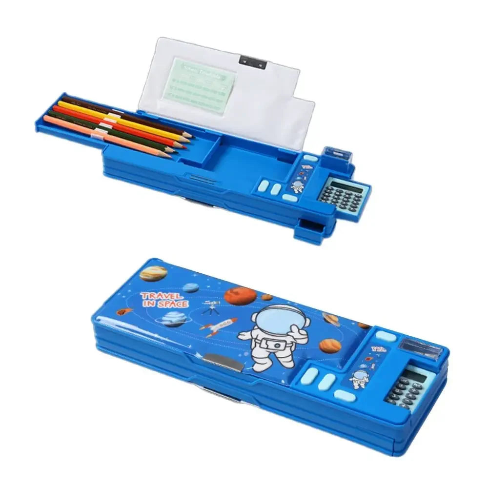 Double-Layer Pencil Case with Calculator & Sharpener Astronaut Animal Box