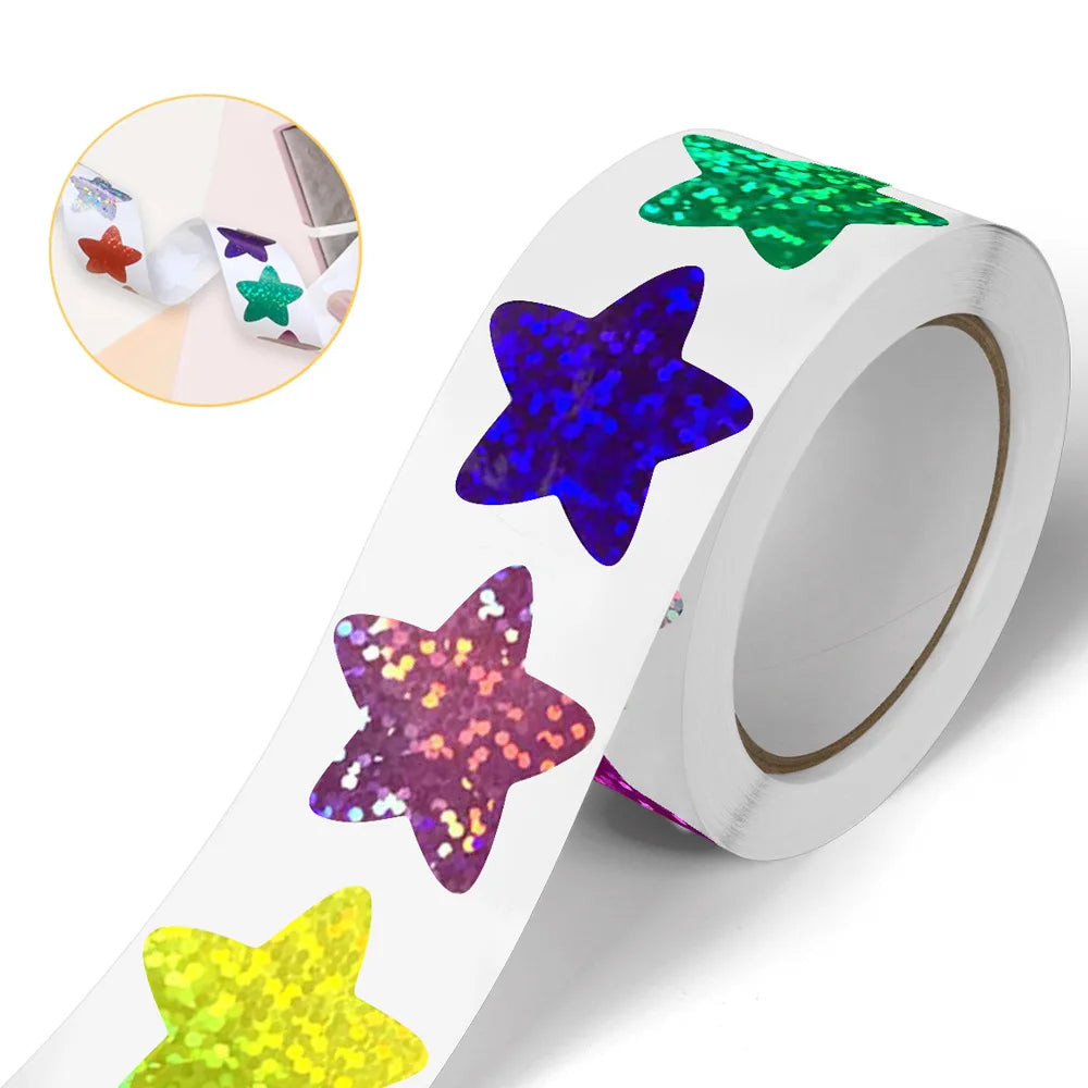 500/1000PCS Holographic Star Stickers Kids Reward DIY Scrapbook Labels Roll