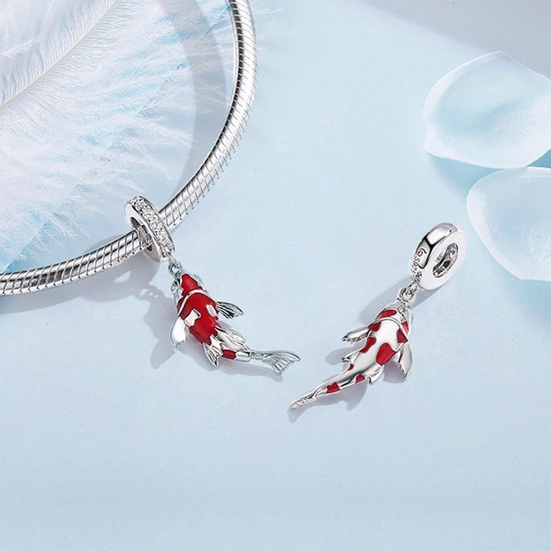 925 Silver Koi Fish & Red Mushroom Charm Bead for Bracelets & Necklaces