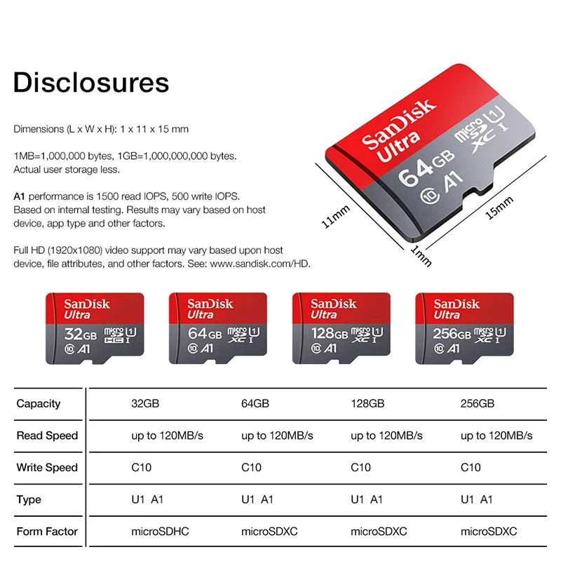Micro SD Memory Card Class 10 U3 A1 64GB 32GB 128GB