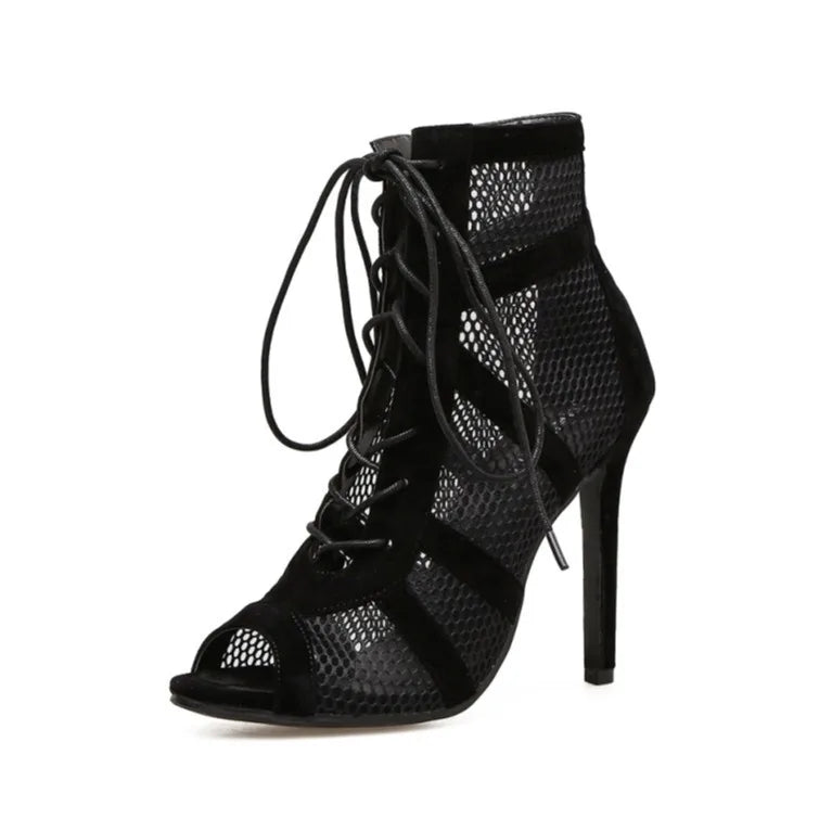 Women's Sexy High Heel Sandals – Black Mesh Lace-Up Peep Toe Pumps, Fashion Cross Strap Shoes