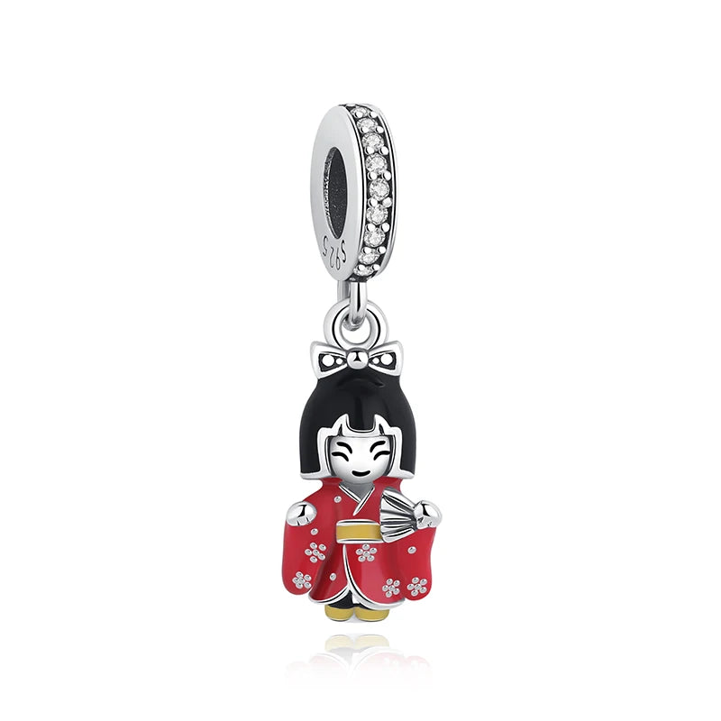 Silver Japanese Doll Fortune Cat Charm Bead for Bracelets