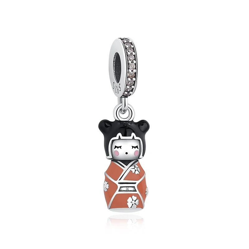 Silver Japanese Doll Fortune Cat Charm Bead for Bracelets