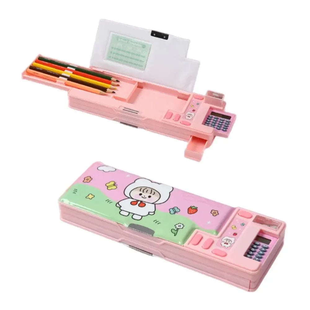 Double-Layer Pencil Case with Calculator & Sharpener Astronaut Animal Box