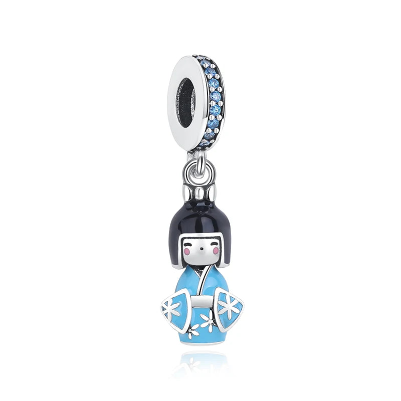 Silver Japanese Doll Fortune Cat Charm Bead for Bracelets