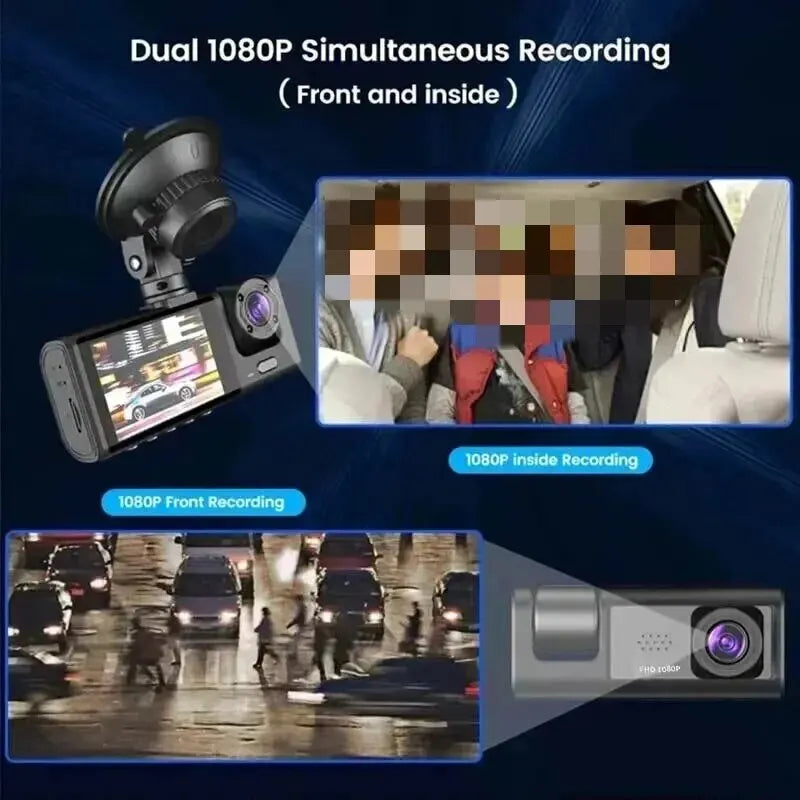 3-Channel Dash Cam 1080P HD Car DVR Front Inside Rear Camera Recorder