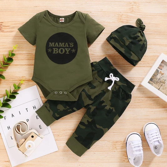 Newborn Baby Boy Summer Outfit Romper + Camouflage Pants + Hat 3PCS Set