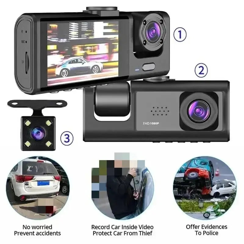 3-Channel Dash Cam 1080P HD Car DVR Front Inside Rear Camera Recorder