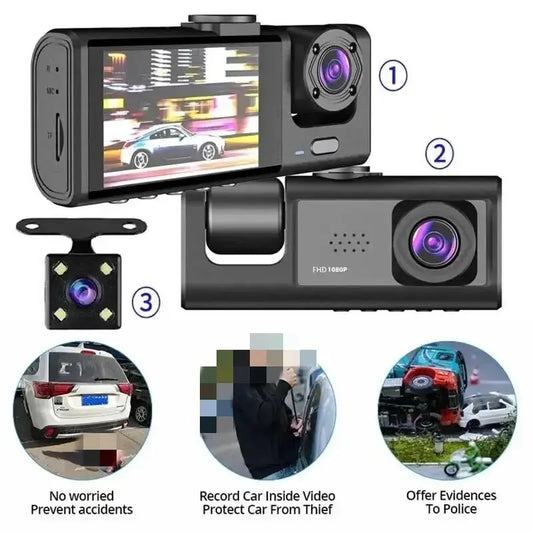 3-Channel Dash Cam 1080P HD Car DVR Front Inside Rear Camera Recorder
