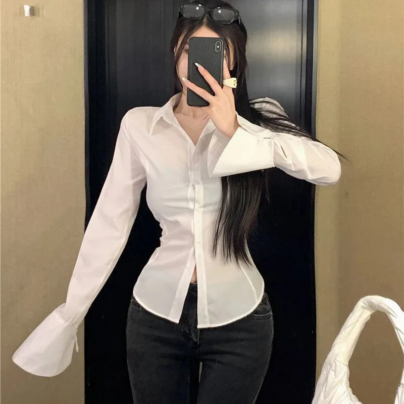 Elegant White Bell Sleeve Shirt Perfect for Spring Fashion