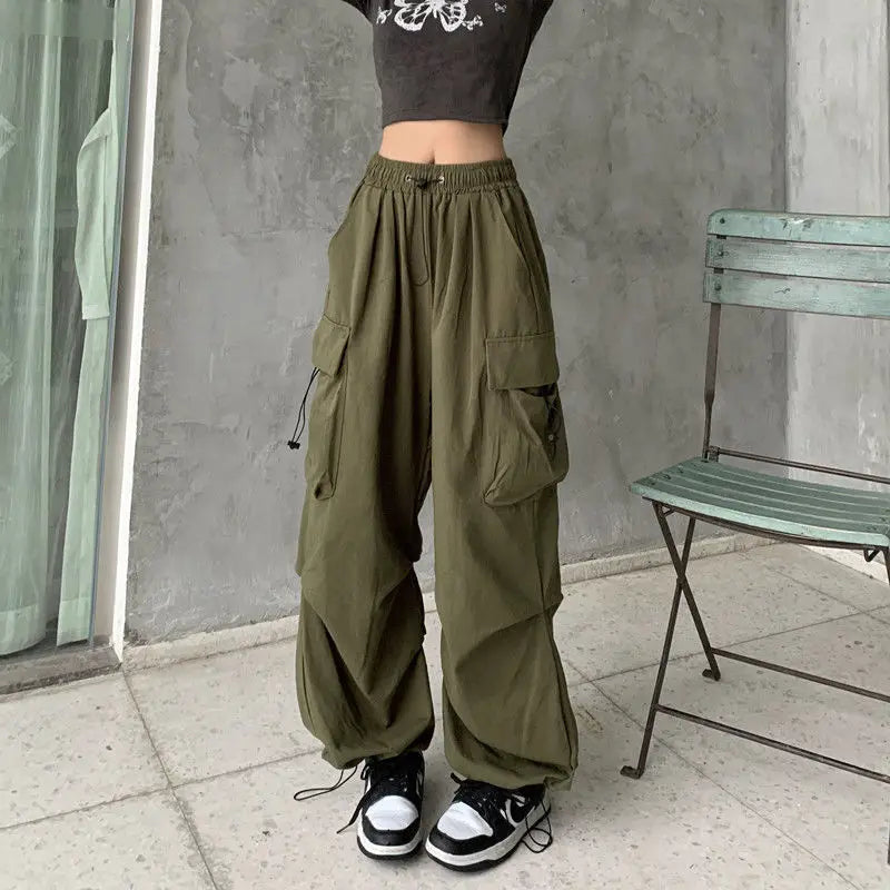 Women's Hip-Hop Wide Leg Cargo Pants Drawstring, Large Pockets, Casual High Street Sports Trousers