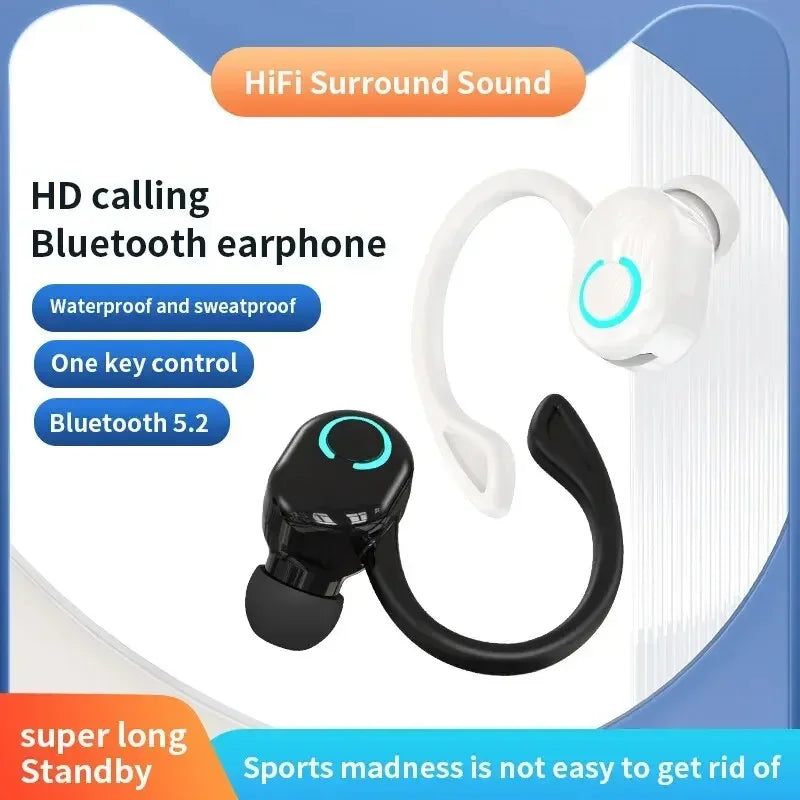 Bluetooth 5.2 Wireless Ear-Hook Headphone  HiFi Bass, Noise Cancelling, Mic, Sports & Gaming