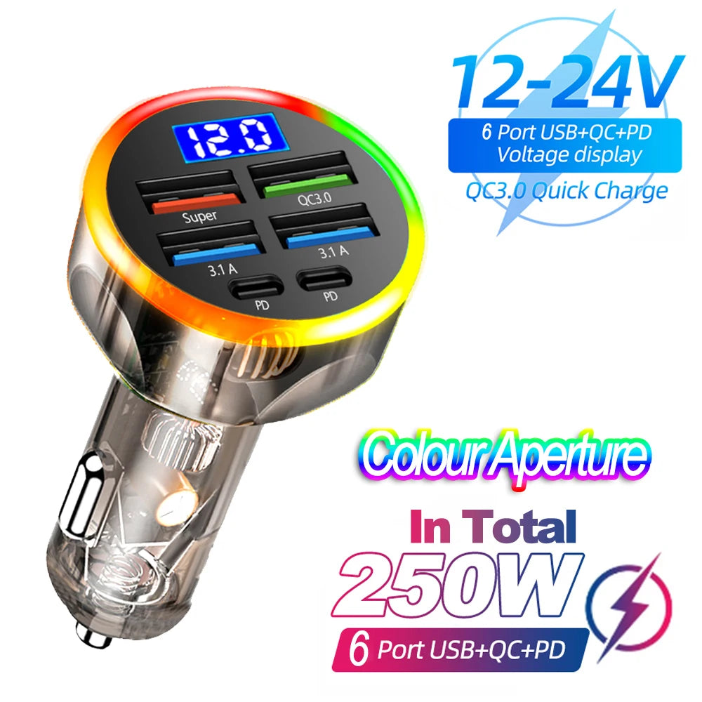 66-250W PD Car Charger QC3.0 Fast Charge 6-Port Cigarette Lighter Adapter