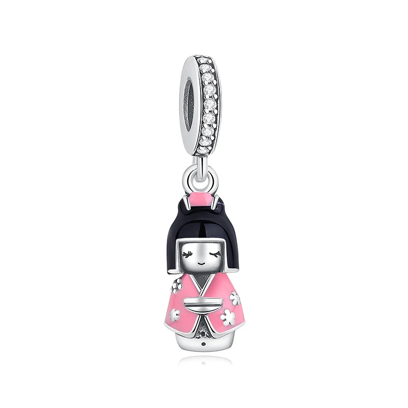 Silver Japanese Doll Fortune Cat Charm Bead for Bracelets