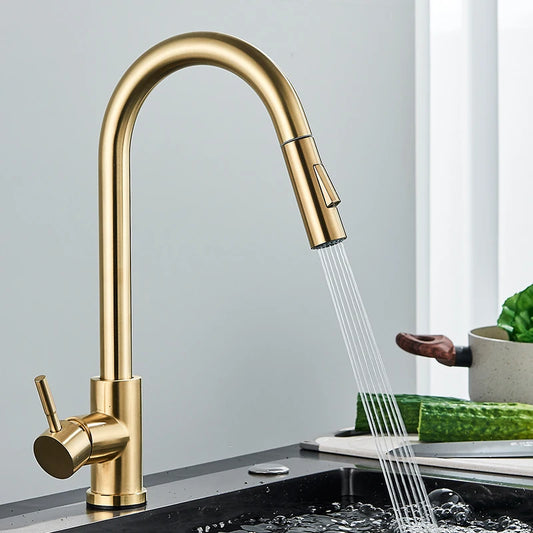 Brushed Gold Kitchen Pull-Out Sink Mixer Tap 360° Rotating Sprayer