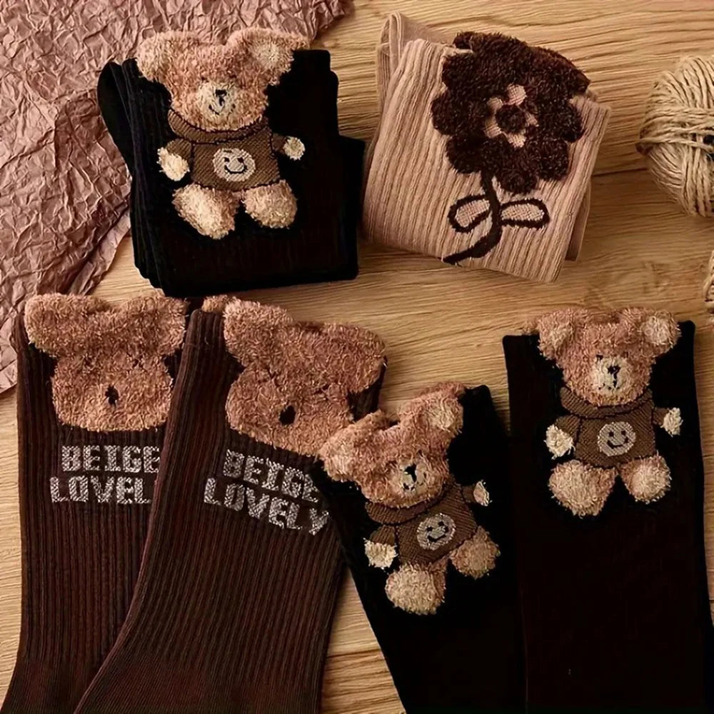 3 Pairs Women's Cartoon Bear Socks Cute Soft Casual Mid Tube