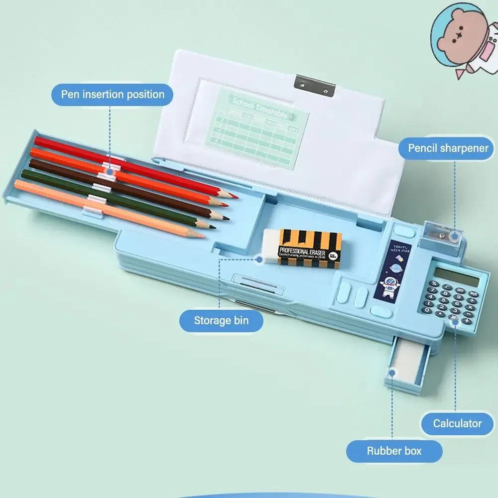 Double-Layer Pencil Case with Calculator & Sharpener Astronaut Animal Box