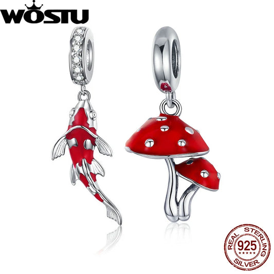 925 Silver Koi Fish & Red Mushroom Charm Bead for Bracelets & Necklaces