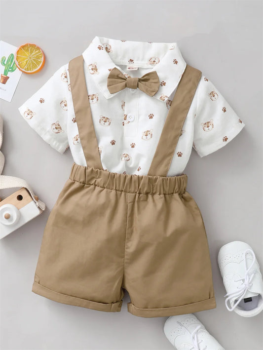 2PCS Baby Boy Outfit Tiger Print Shirt & Strap Shorts Birthday Party Set