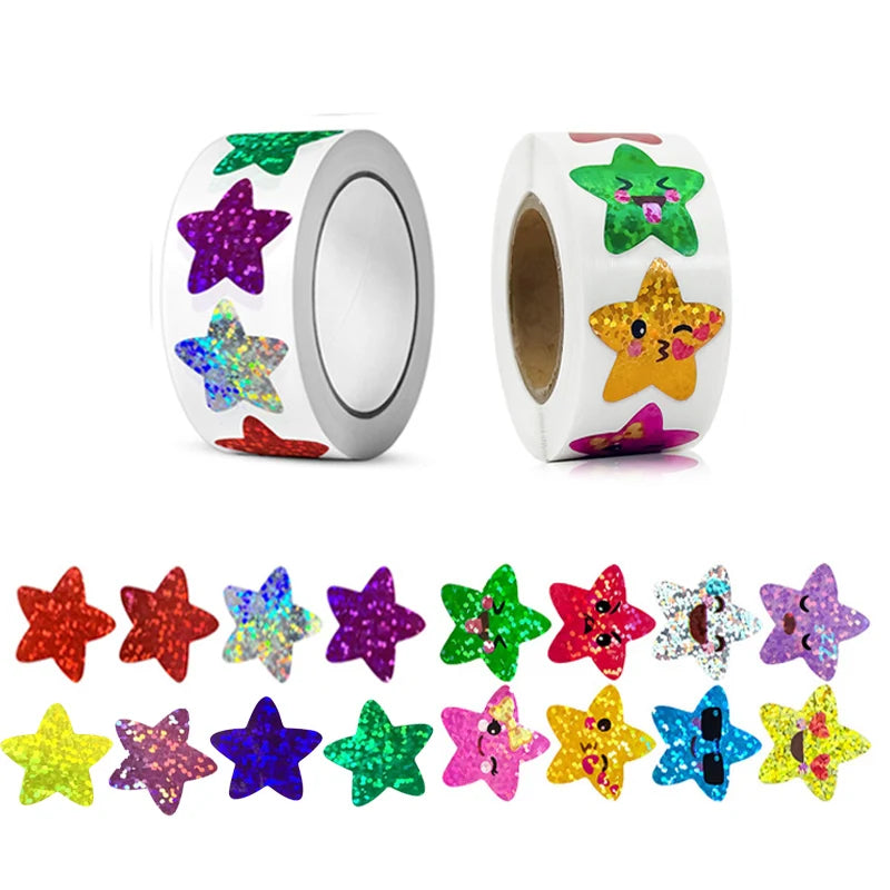 500/1000PCS Holographic Star Stickers Kids Reward DIY Scrapbook Labels Roll