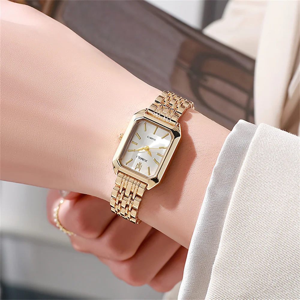 Luxury Women's Square Quartz Watch Gold Plated Stainless Steel Business