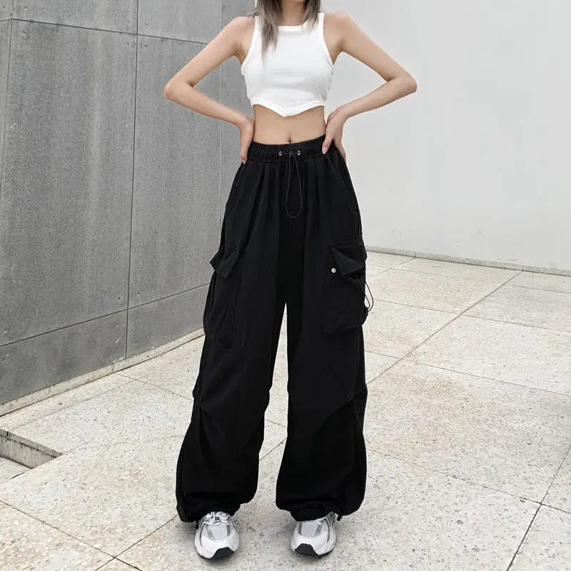 Women's Hip-Hop Wide Leg Cargo Pants Drawstring, Large Pockets, Casual High Street Sports Trousers