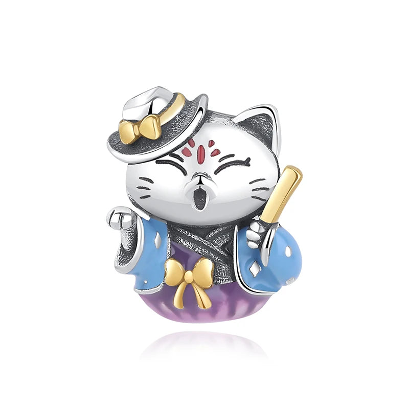 Silver Japanese Doll Fortune Cat Charm Bead for Bracelets