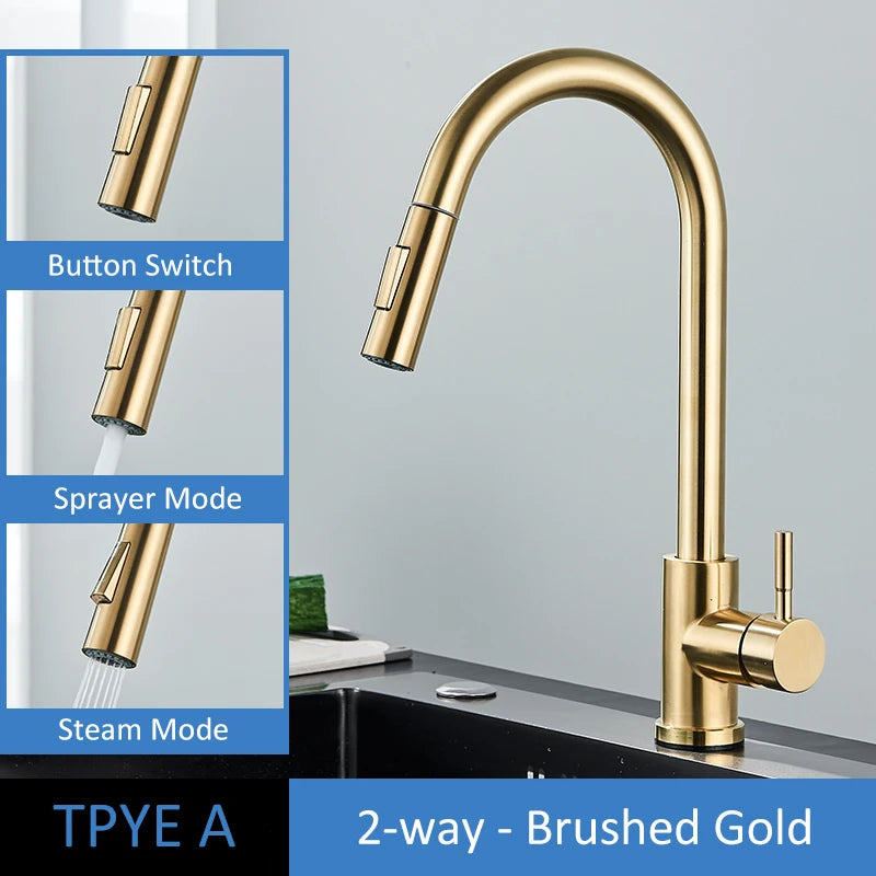 Brushed Gold Kitchen Pull-Out Sink Mixer Tap 360° Rotating Sprayer