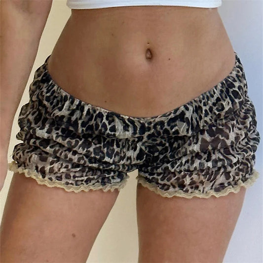 Retro Y2K Women Kawaii Leopard Printed Shorts Ruffle Vintage Cottage Shorts Elastic Slim Fit Bloomers Pants Fashion Streetwear