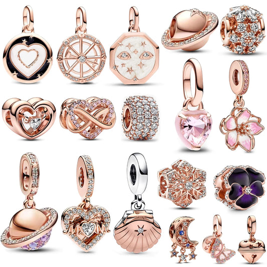 Rose Gold Triple-Row Cherry Blossom Dangle Charm for Silver Bracelet