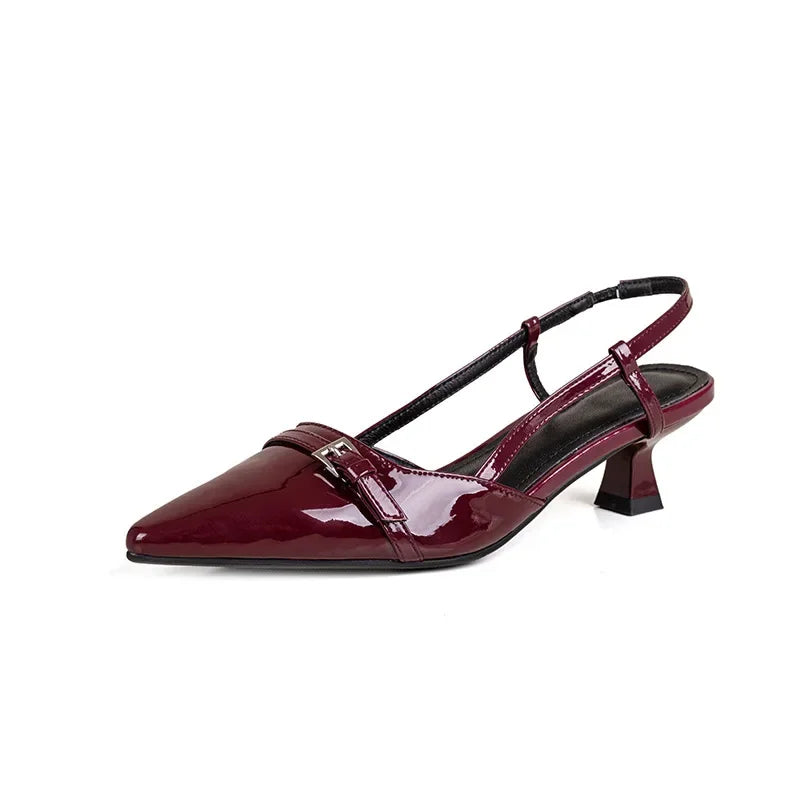 French Wine Red Pointed Patent Leather Mid-heel Overhead Sandals for Women Retro Skinny Heel Back Empty Shoes