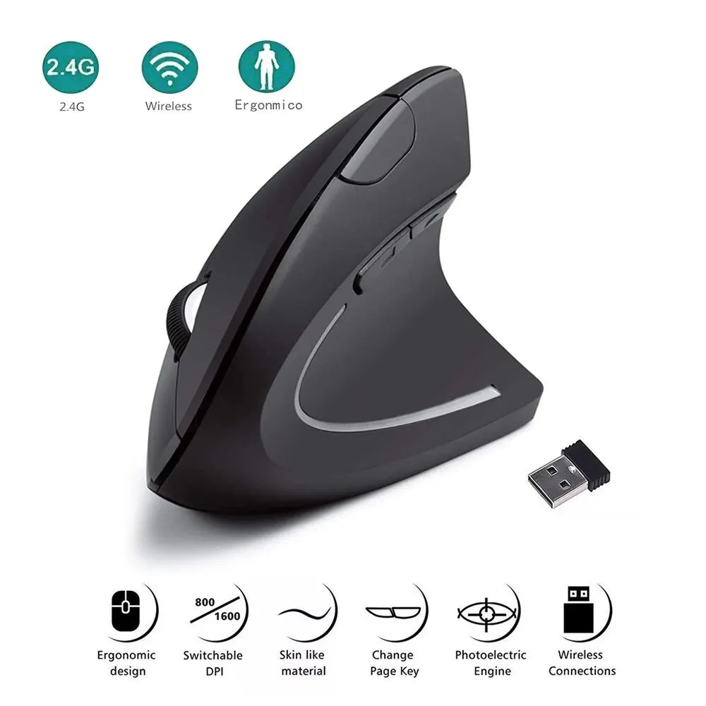 Ergonomic Vertical Wireless Mouse 2.4GHz 6-Button 1600 DPI for PC Laptop