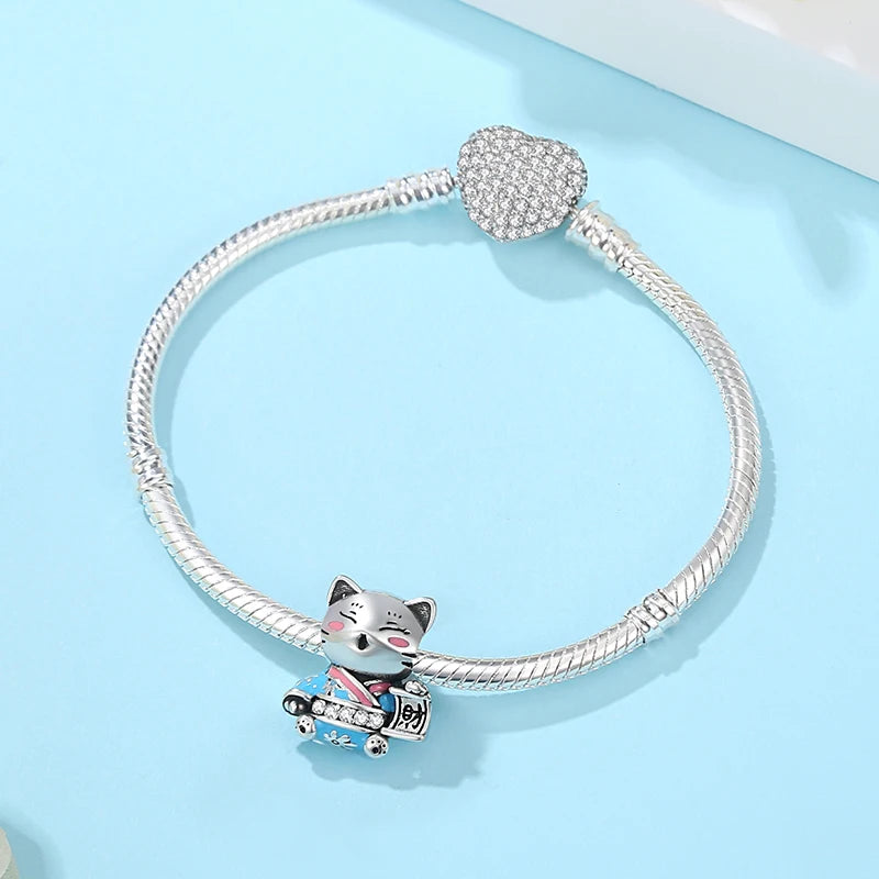 Silver Japanese Doll Fortune Cat Charm Bead for Bracelets