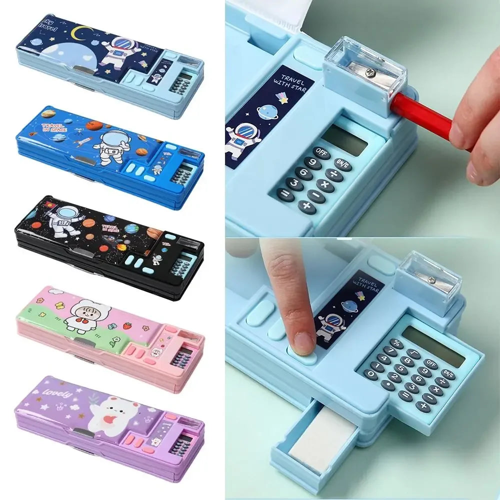 Double-Layer Pencil Case with Calculator & Sharpener Astronaut Animal Box