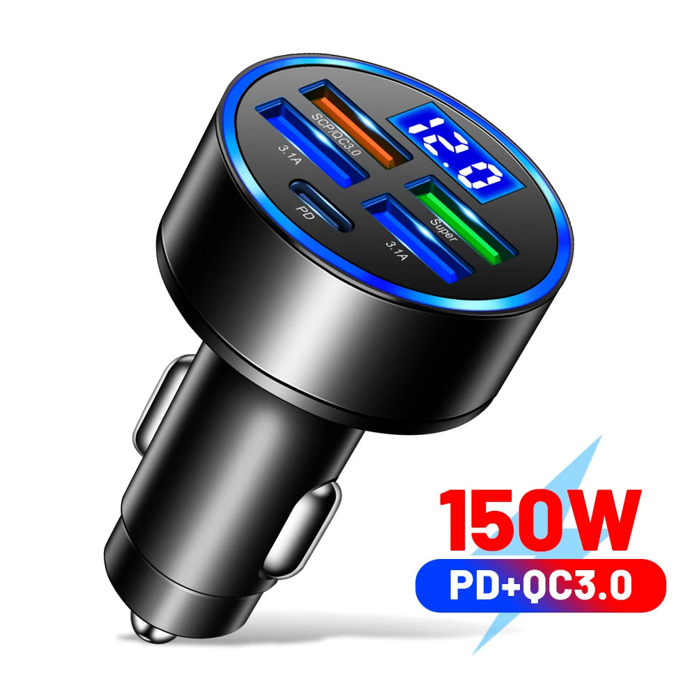 66–250W PD Car Charger  QC3.0 Fast Charge with 6-Port Cigarette Adapter