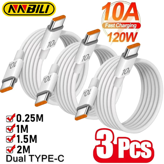 3PCS 120W Fast Charging Cables  10A Dual Type-C PD Cord for iPhone & Samsung