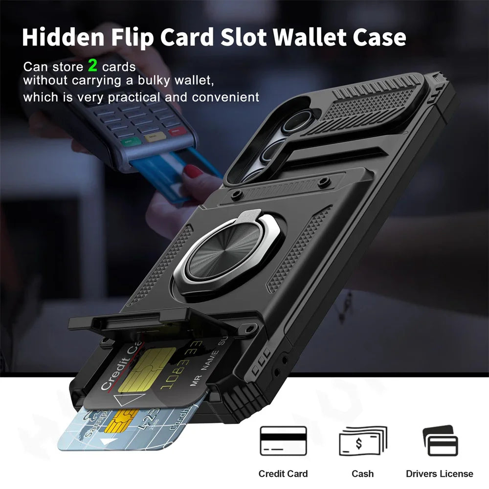 Case For Samsung Galaxy S24 S25 Ultra Plus A55 A35 A15 4G 5G Magnetic Rotated Ring Kickstand Heavy Drop Protection Wallet Cover