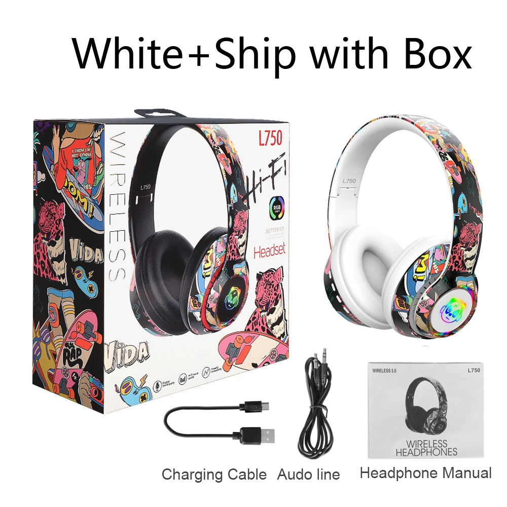 Graffiti Bluetooth 5.1 Gaming Headset  Wireless DJ Headphones Mic, RGB Lights TF Card Support"