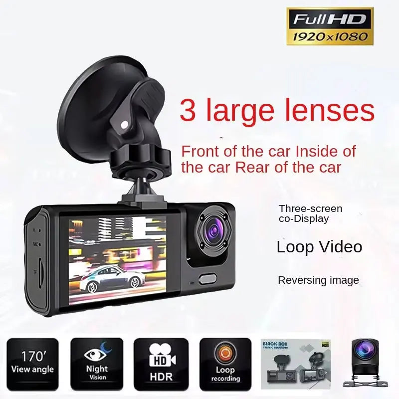 3-Channel Dash Cam 1080P HD Car DVR Front Inside Rear Camera Recorder