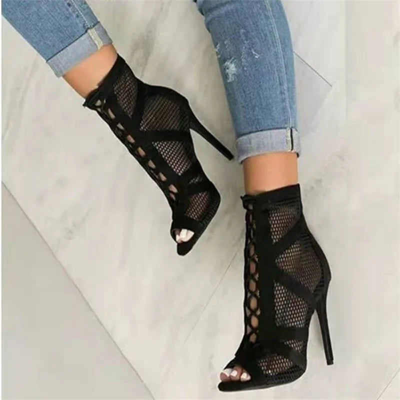 Women's Sexy High Heel Sandals – Black Mesh Lace-Up Peep Toe Pumps, Fashion Cross Strap Shoes