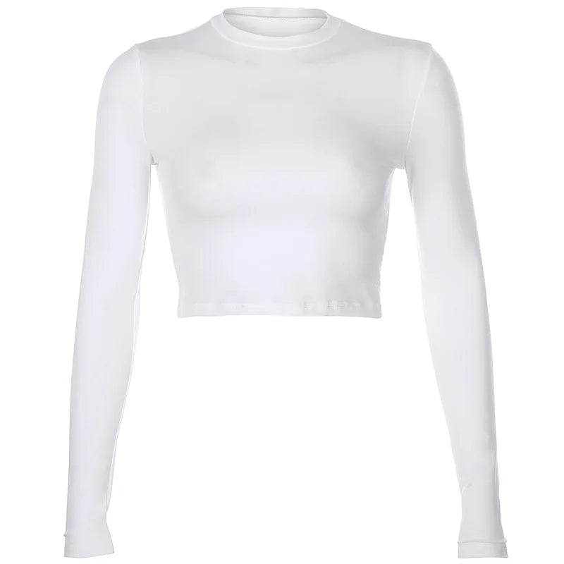 Women's Long Sleeve Crop Top Solid Basic Casual T-Shirt, Black/White, Fashionable Korean Style Tee