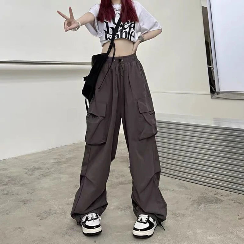 Women's Hip-Hop Wide Leg Cargo Pants Drawstring, Large Pockets, Casual High Street Sports Trousers