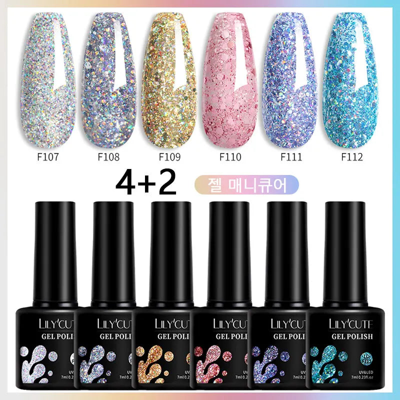 6Pcs 7ml Glitter Gel Nail Polish Set Soak Off UV LED Semi-Permanent